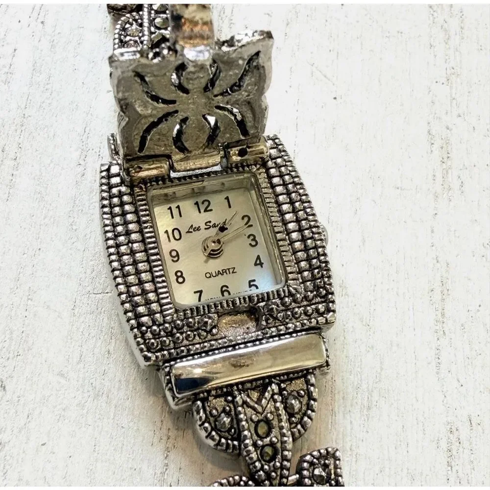 Lee Sands Mother of Pearl Hidden Watch Marcasite Style Quartz Bracelet Watch Art